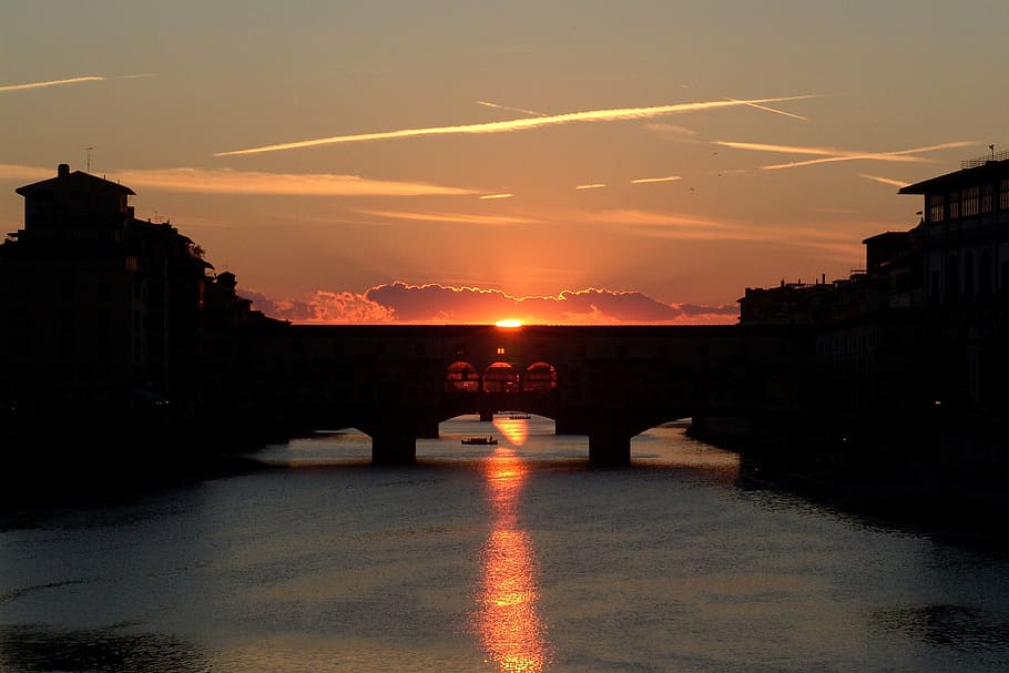 silhouette of bridge at sunset, ponte, vecchio, firenze, florence, HD wallpaper