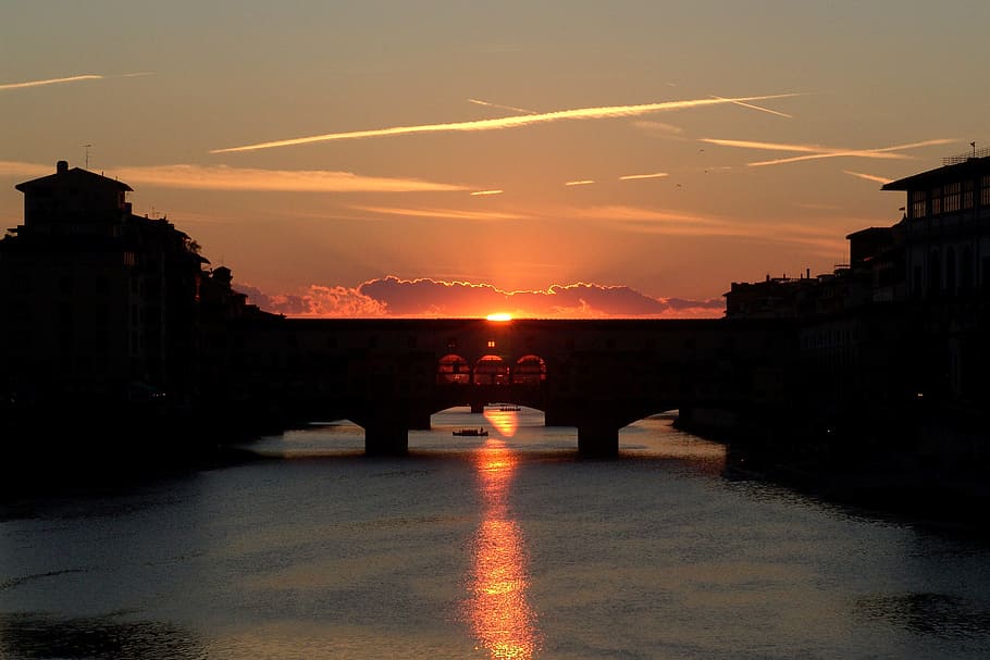 silhouette of bridge at sunset, ponte, vecchio, firenze, florence HD wallpaper