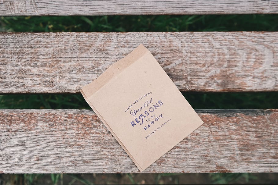 brown paper on wood plank, reasons, happy, bag, bench, park HD wallpaper