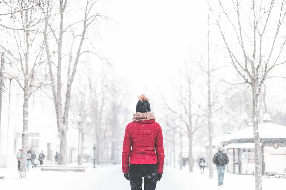 Woman Standing in The Middle of The Park in Snowy Weather, cold