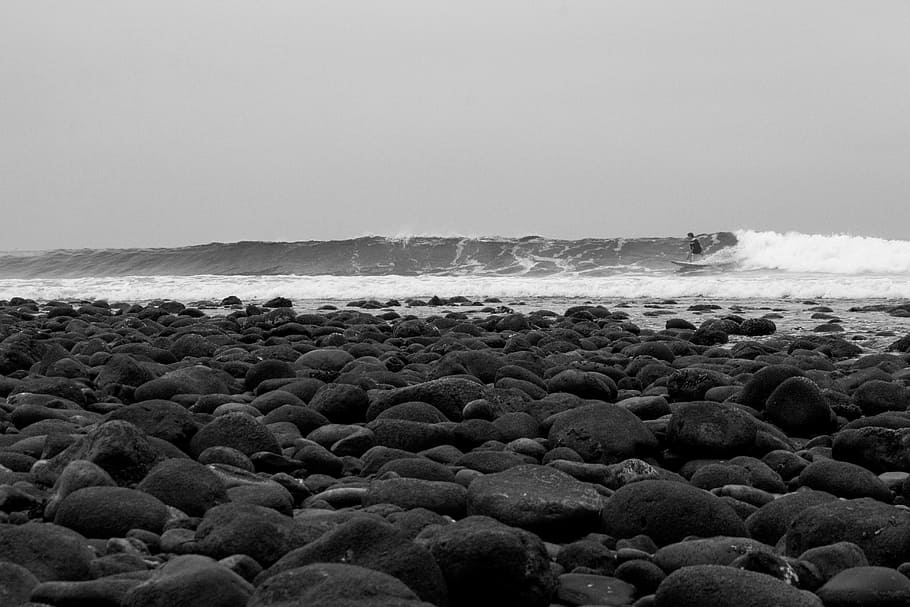 person surfing on waves, beach, rocks, surfer, sea, water, ocean HD wallpaper