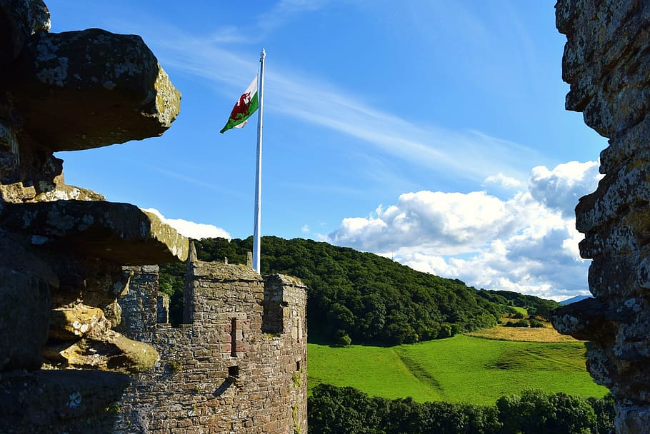 castle, sky, hill, view, blue, outdoor, natural, wales, nature HD wallpaper