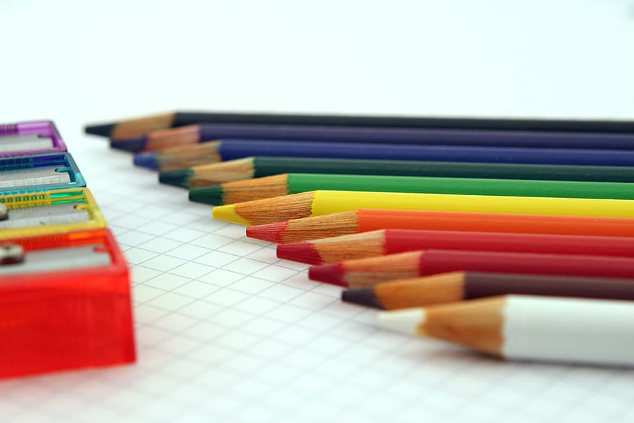 closeup photography of color pencils, art, artistic, blue, brown, HD wallpaper
