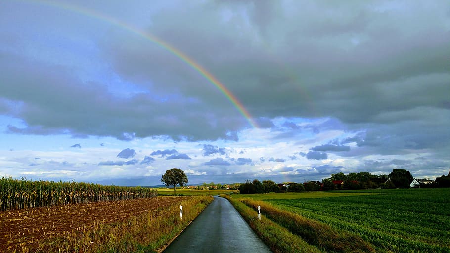 rainbow, road, sky, natural phenomenon, nature, clouds, asphalt, HD wallpaper