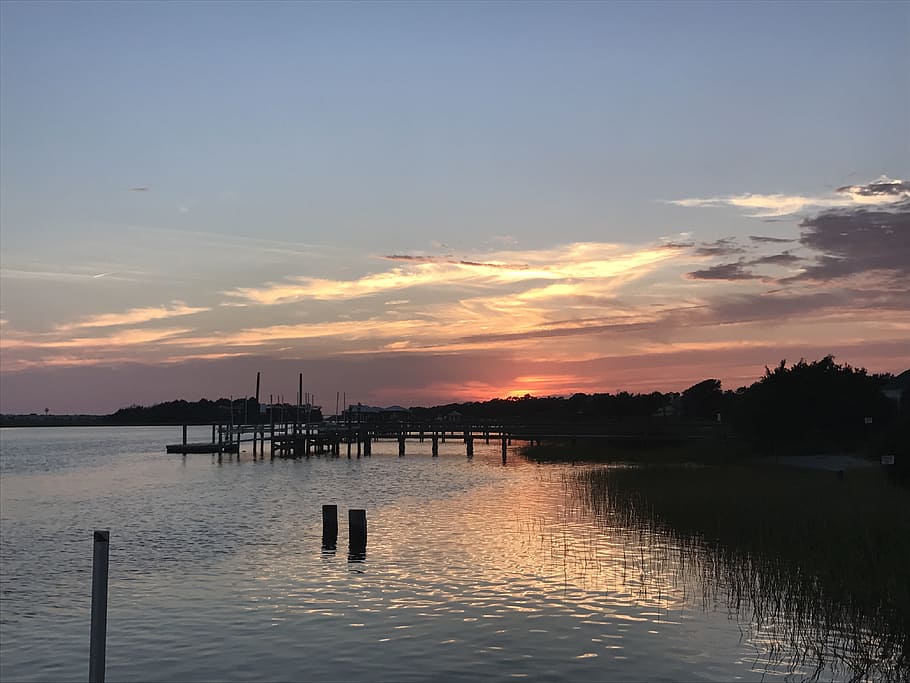 Golden Hour, bay, dawn, dock, dusk, evening, grass, lake, ocean HD wallpaper