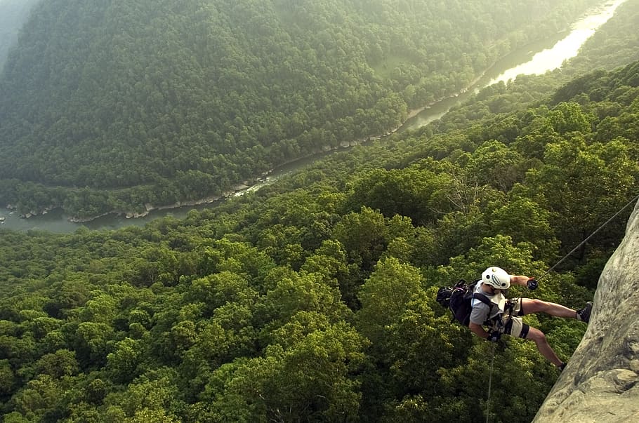 man climbing on cliff with trees below, west virginia, new river gorge, HD wallpaper