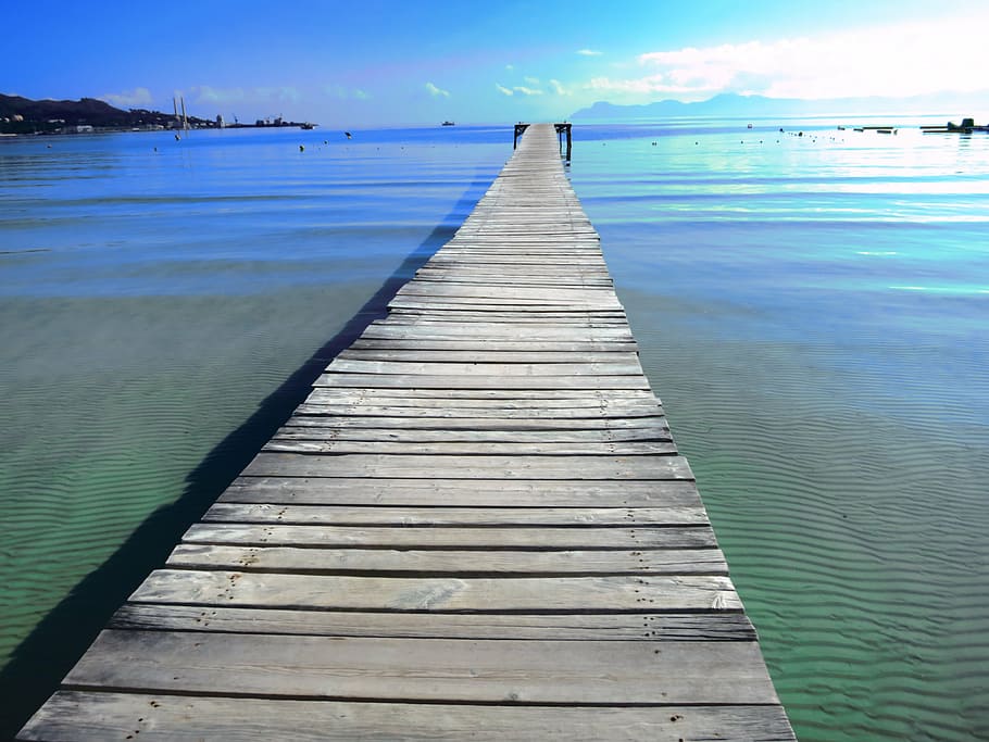 water, tranquility, mallorca, wood - material, sky, the way forward HD wallpaper