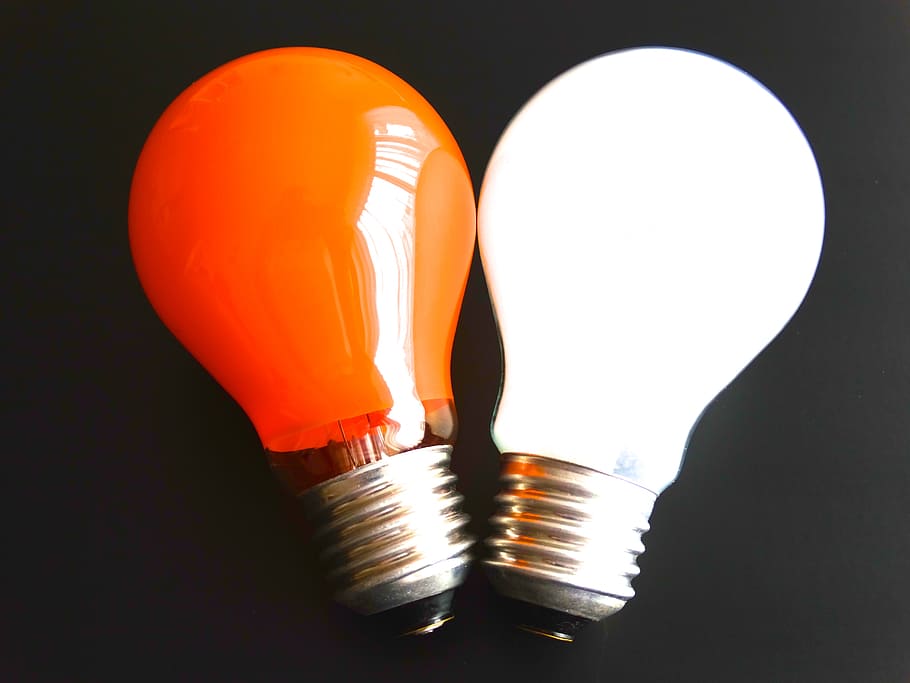 orange and white LED bulbs, light bulb, light body, lighting equipment