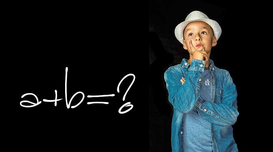 boy wearing blue chambray jacket and white hat, math, kids, thinker