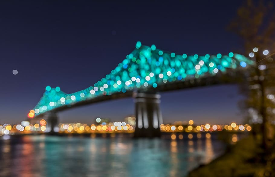 suspension bridge with teal lights during nighttime, low angle photography gray concrete bridge with lights at night
