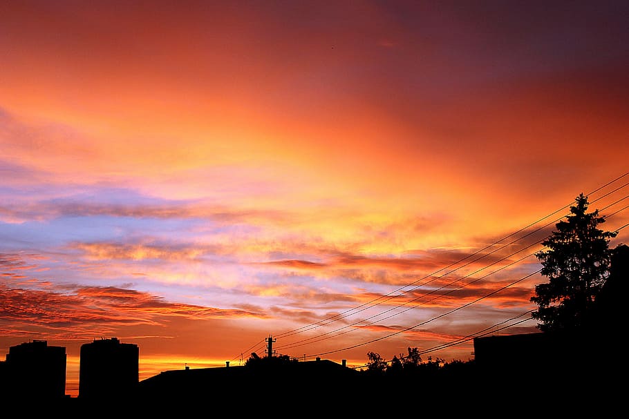 sunset, dusk, silhouette, landscape, sky, clouds, power lines HD wallpaper