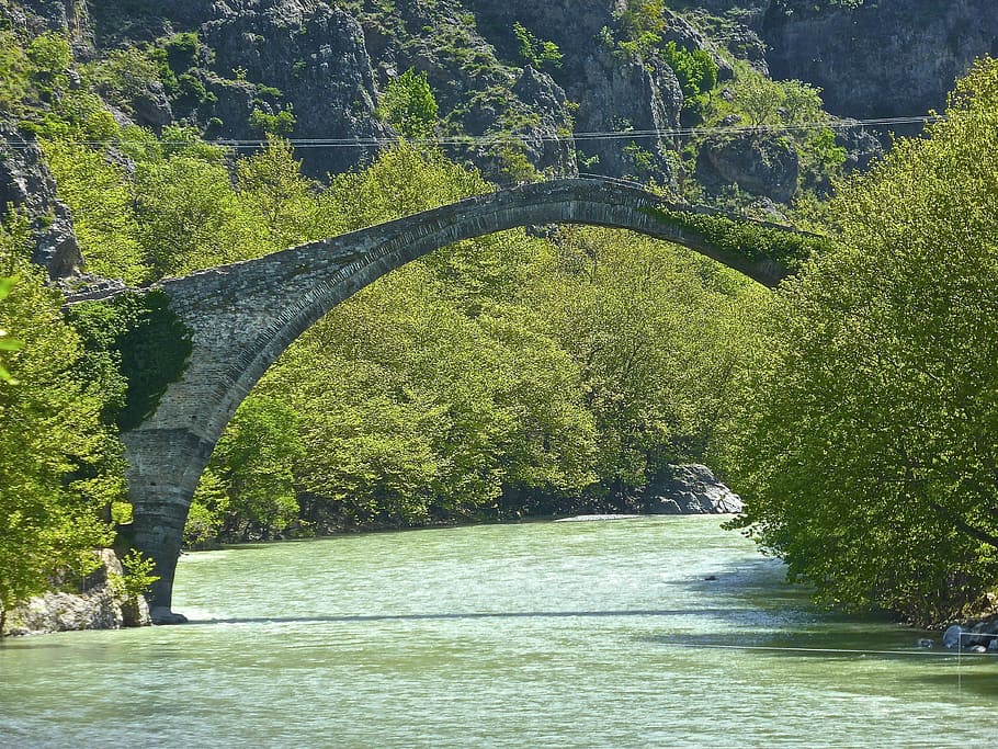 bridge, stone, greece, crossing, historical, old, scenery, scenic HD wallpaper