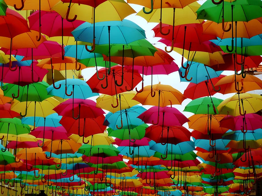 umbrellas, colorful, shade tree, colorful umbrella, mess, ease, HD wallpaper