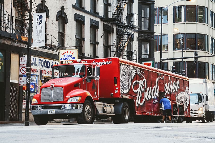 man near red Budweiser trailer truck parked near concrete building during daytime, red Budweiser freight truck on the raod, HD wallpaper