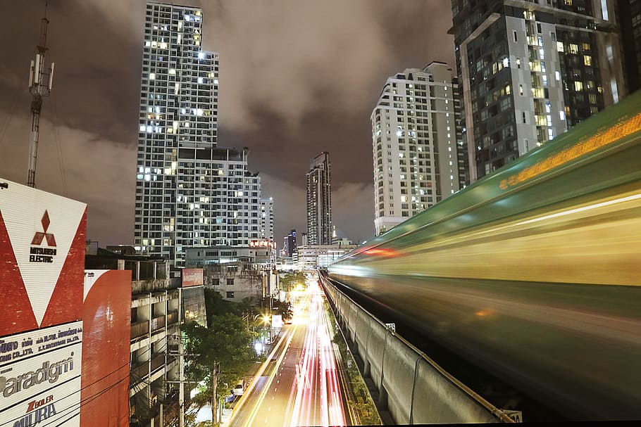 time lapse photography of city lights, skytrain, thailand, transportation HD wallpaper