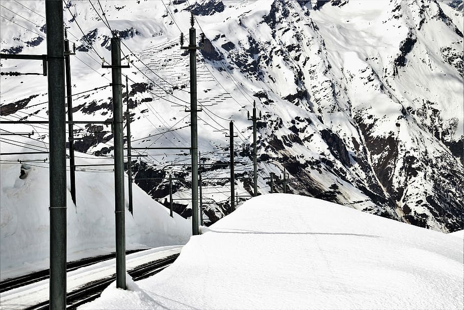 railway, rails, alpine, high, snow, winter, cold, nature, season