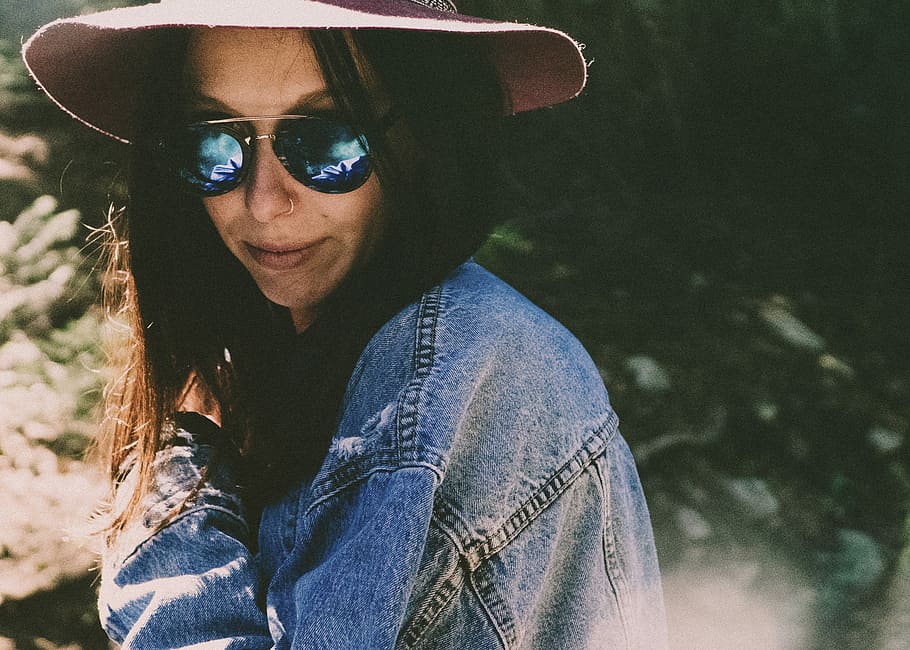 Online crop | HD wallpaper: woman in denim jacket wearing shades, woman