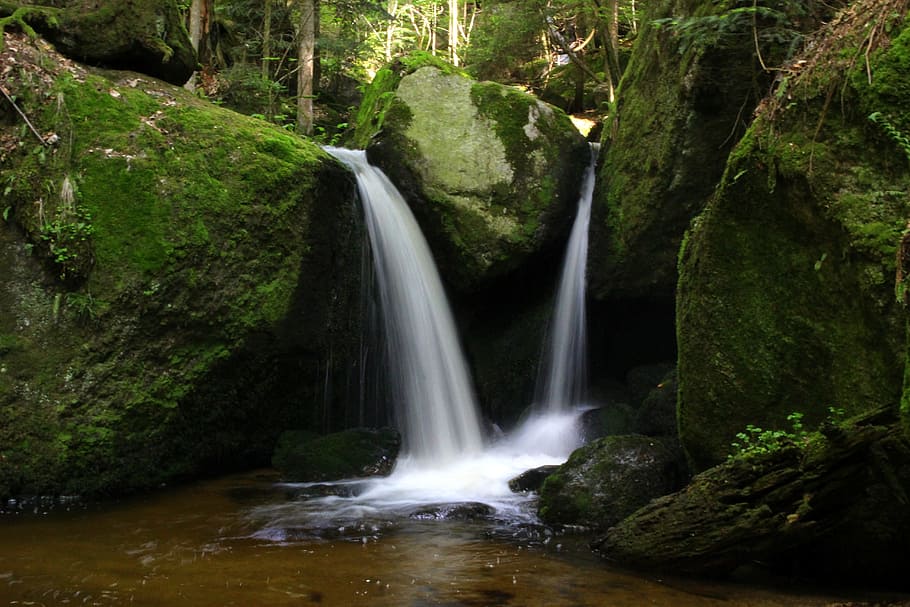 Water, Bach, River, Moss, Rock, waterfall, nature, flow, gorge HD wallpaper