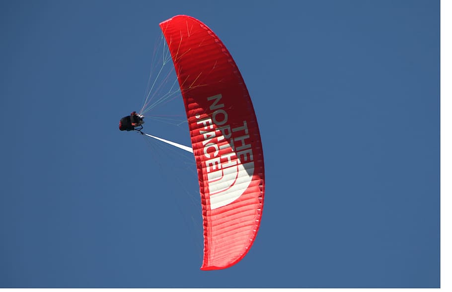 paragliding, chamonix, blue, sport, red, low angle view, sky HD wallpaper
