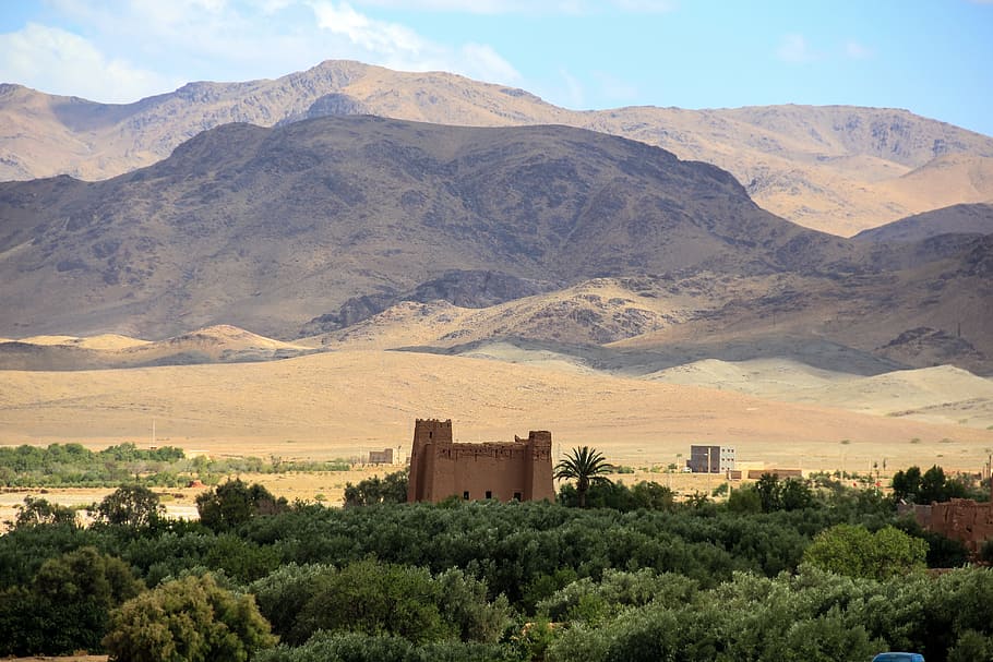 castle, contrast, desert, morocco, landscape, mountains, mountain range HD wallpaper