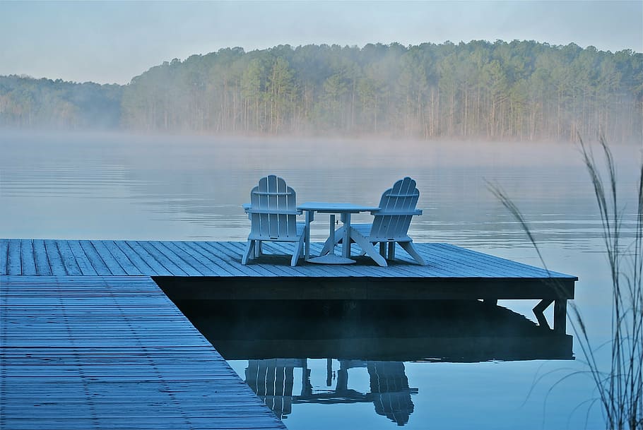 two white wooden adirondack chairs on wooden dock near lake, relax, HD wallpaper