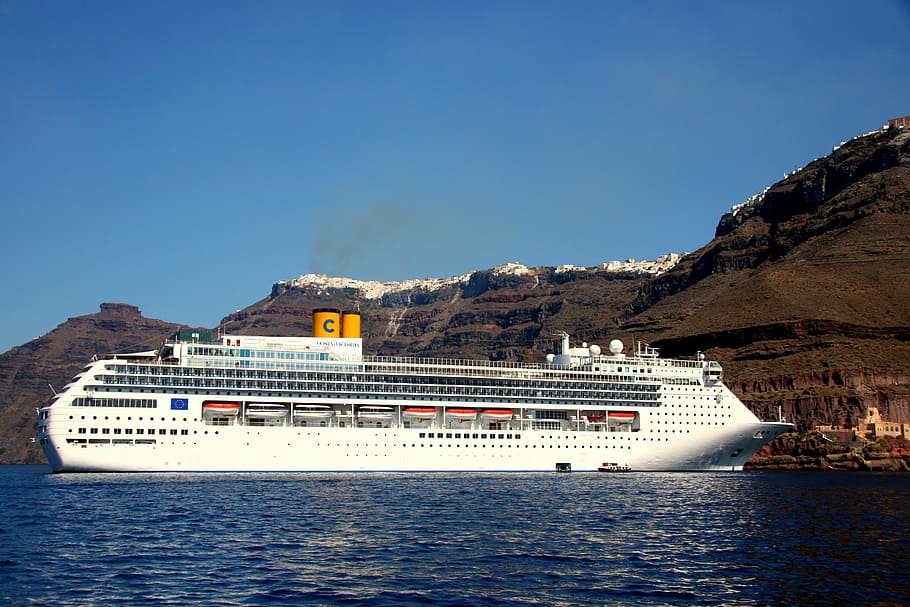 white cruise ship in body of water, santorini, greek island, cyclades, HD wallpaper
