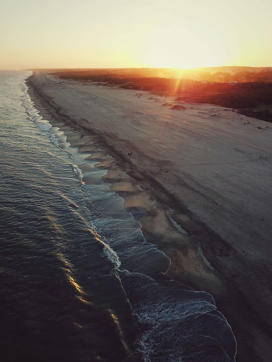 gray beach sand during golden hour, aerial photography of coastline at golden hour HD wallpaper