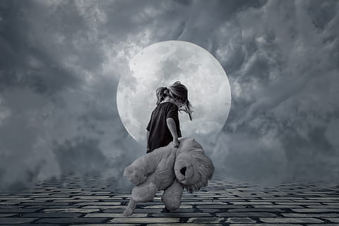 HD wallpaper: grayscale photo of walking girl carrying lion plush toy, good  night | Wallpaper Flare