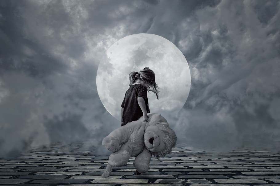 grayscale photo of walking girl carrying lion plush toy, good night