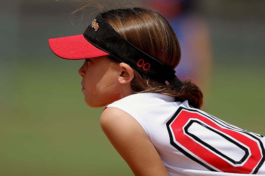 red and black sun visor cap, softball, player, female, youth, HD wallpaper