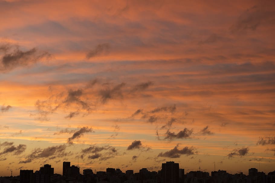 city, skyline, sunset, cloud - sky, orange color, architecture HD wallpaper