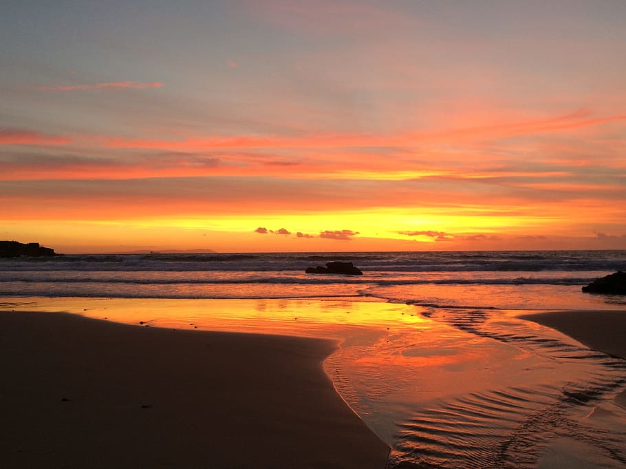 Sunset, Sea, Horizon, Beach, Shore, peace, walk, summer, clouds HD wallpaper