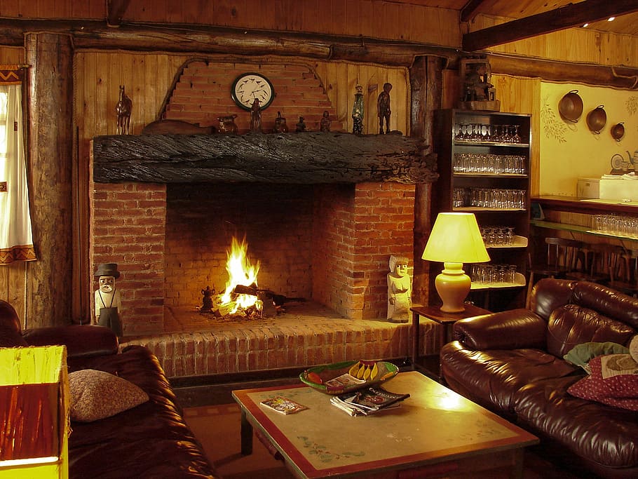 photo of brown and black fireplace, luggage, firewood, indoors, HD wallpaper