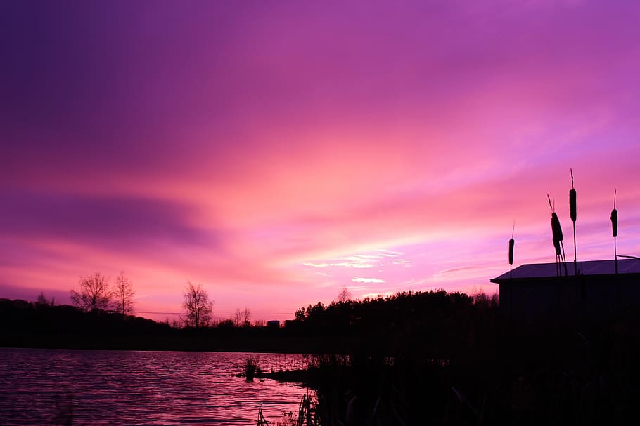 untitled, photo, lake, grasses, sky, clouds, sunset, dark, purple HD wallpaper