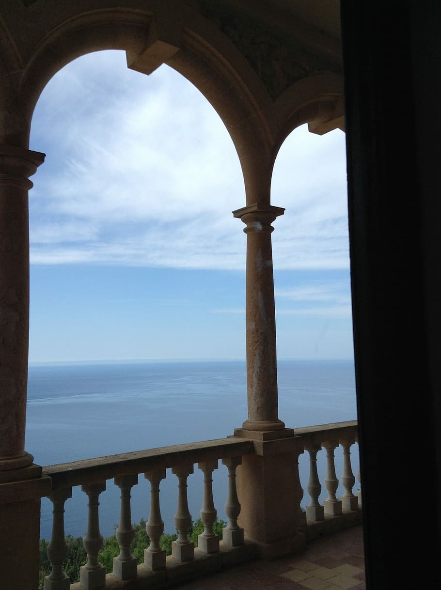 Sea, View, Balcony, Mallorca, sea view, arch, architectural column HD wallpaper