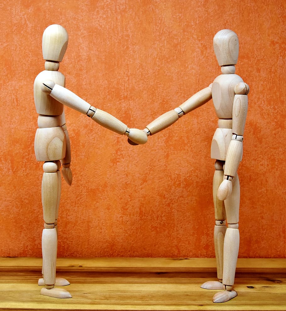 two brown wooden mannequin, holding hands, handshake, helping hand, HD wallpaper