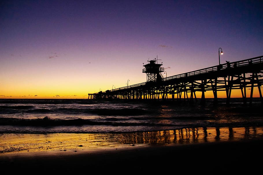 pier, california, sunset, reflection, sea, america, sky, water HD wallpaper