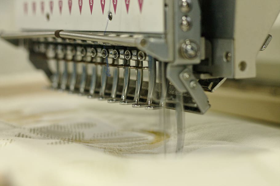gray and white sewing machine, embroiderer, cloth, tissue, manufacturing HD wallpaper