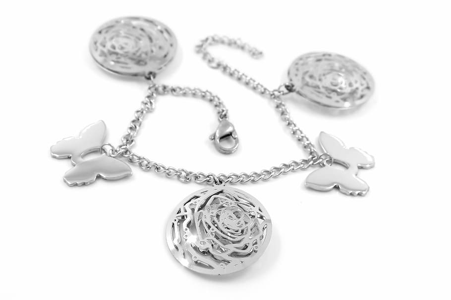silver-colored charm bracelet, stainless, background, white HD wallpaper