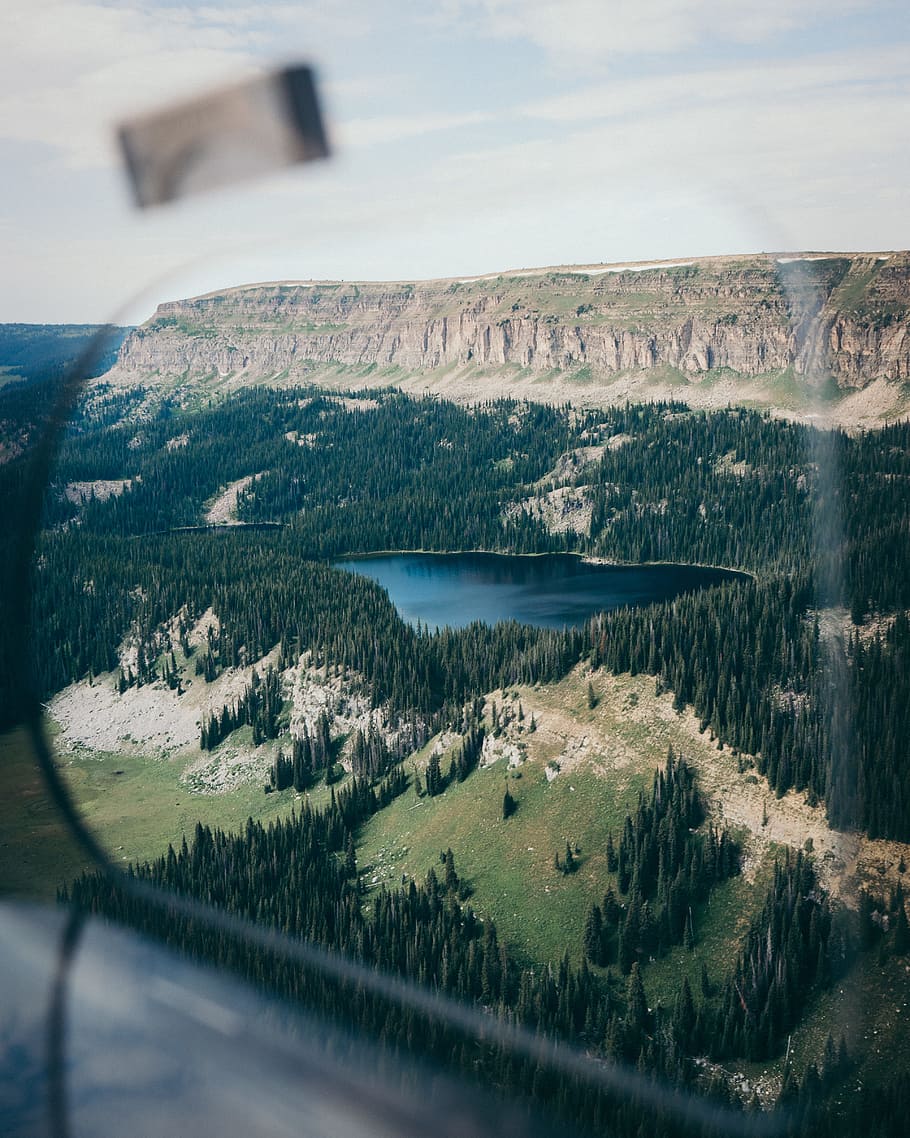 lake aerial photography, bird's eye view of forest, landscape HD wallpaper