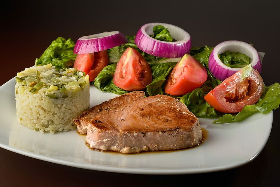 fish steak on white ceramic plate, food, dinner, dish, food and drink HD wallpaper