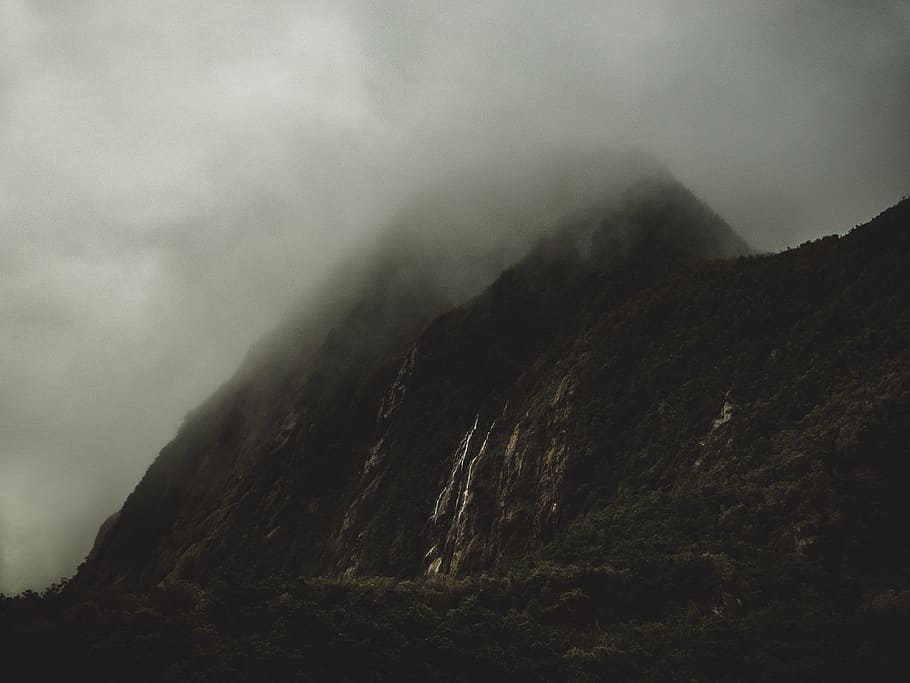 gray mountain covered by white clouds, Misty Mountains, dark HD wallpaper
