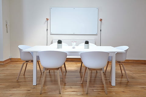 White conference room, 7-piece dining set, table, chair, office space HD wallpaper