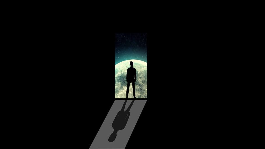 silhouette of man digital wallpaper, moon, alone, door, path