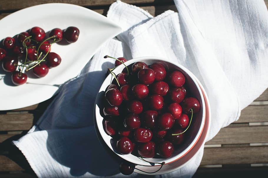 Fresh cherries outside, red, top view, fruit, food, dessert, freshness HD wallpaper