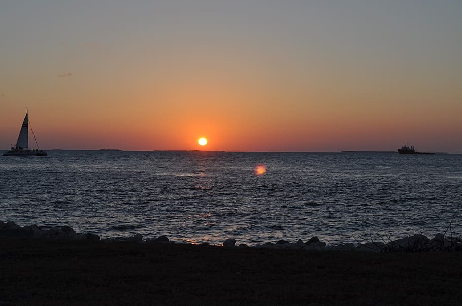 key west, sunset, florida, sky, sea, ocean, nature, beach, boat HD wallpaper