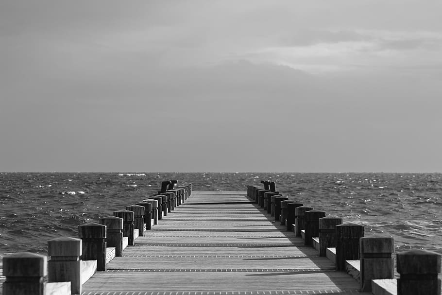 grayscale photo of wooden dock, sea, clouds, cloudy sky, landscape HD wallpaper
