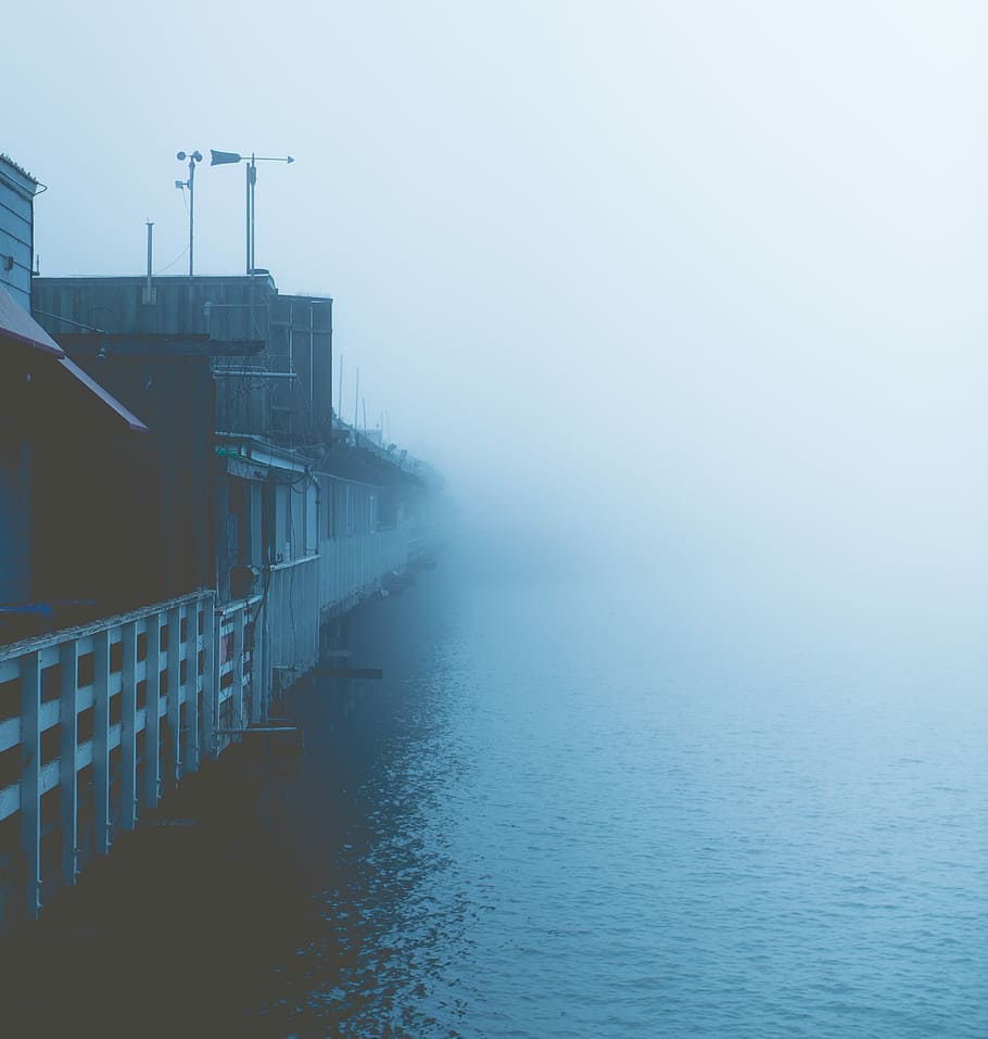 clear body of water, surrounded by fogs, cloud, pier, sea, waterfront HD wallpaper