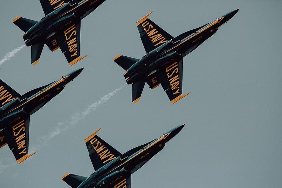U.S. Navy aerobatics during daytime, four orange-and-black U.S. Navy fighter jets flying, HD wallpaper