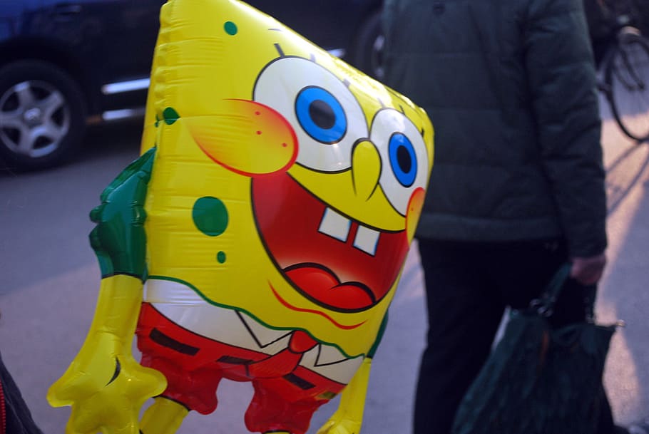 person holding SpongeBob SquarePants balloon, Sponge, Bob, Cartoon, Character